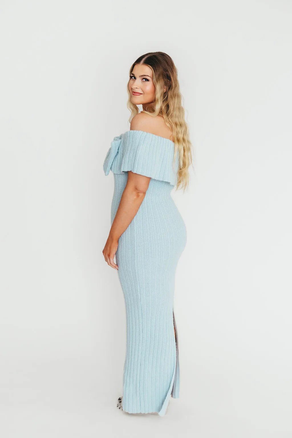 Aston Bow Front Maxi Sweater Dress in Ice Metal – Bump Friendly & Inclusive Sizing (S-3XL)