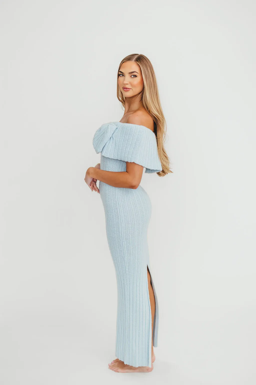 Aston Bow Front Maxi Sweater Dress in Ice Metal – Bump Friendly & Inclusive Sizing (S-3XL)