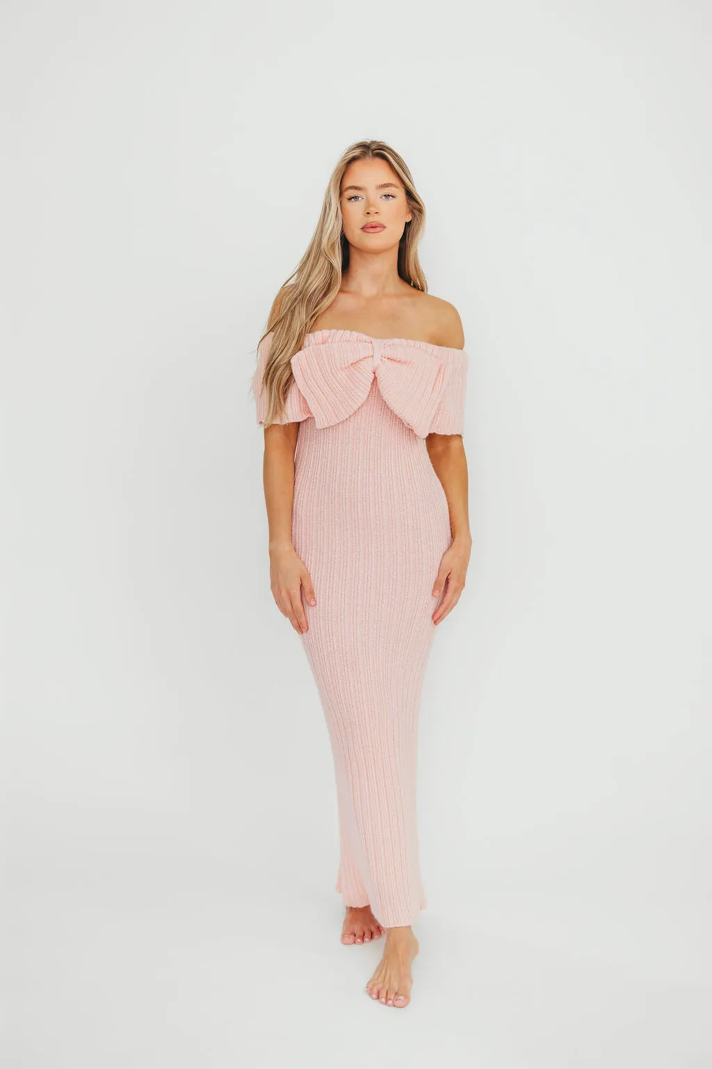 Aston Bow Front Maxi Sweater Dress in Pinkish Petal– Bump Friendly & Inclusive Sizing (S-3XL)