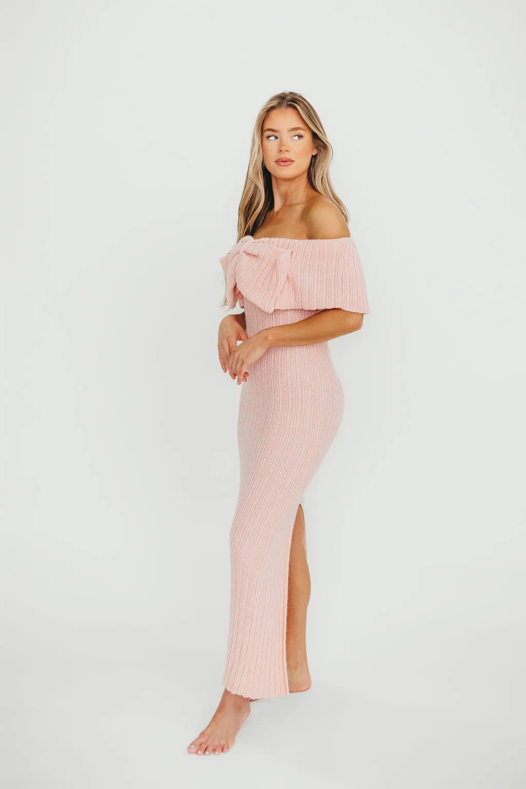 Aston Bow Front Maxi Sweater Dress in Pinkish Petal– Bump Friendly & Inclusive Sizing (S-3XL)