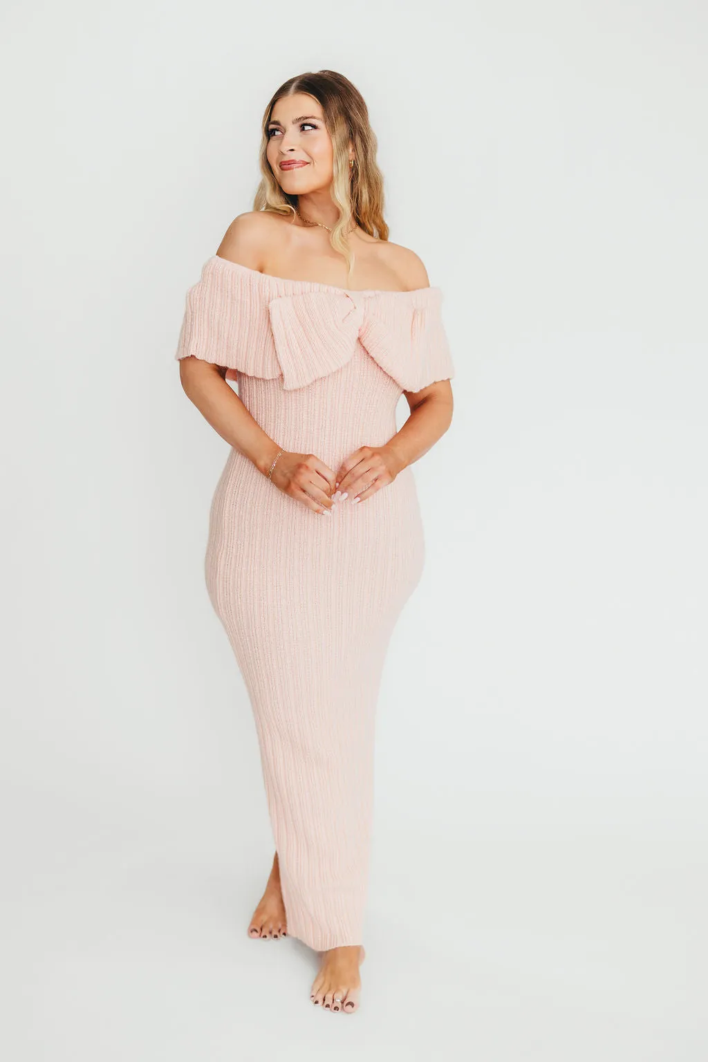 Aston Bow Front Maxi Sweater Dress in Pinkish Petal– Bump Friendly & Inclusive Sizing (S-3XL)