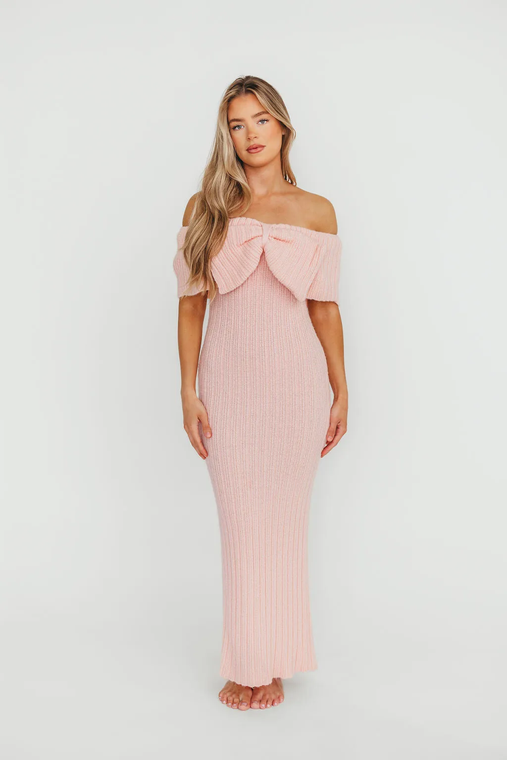 Aston Bow Front Maxi Sweater Dress in Pinkish Petal– Bump Friendly & Inclusive Sizing (S-3XL)
