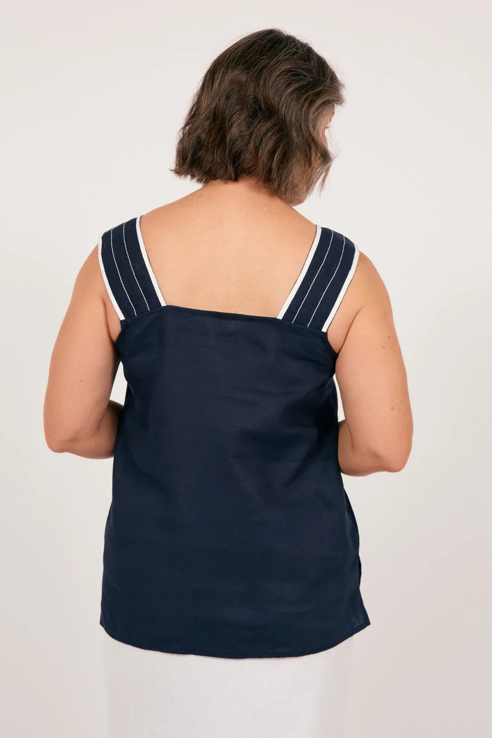 Bec Linen Top in Navy with White Stitching