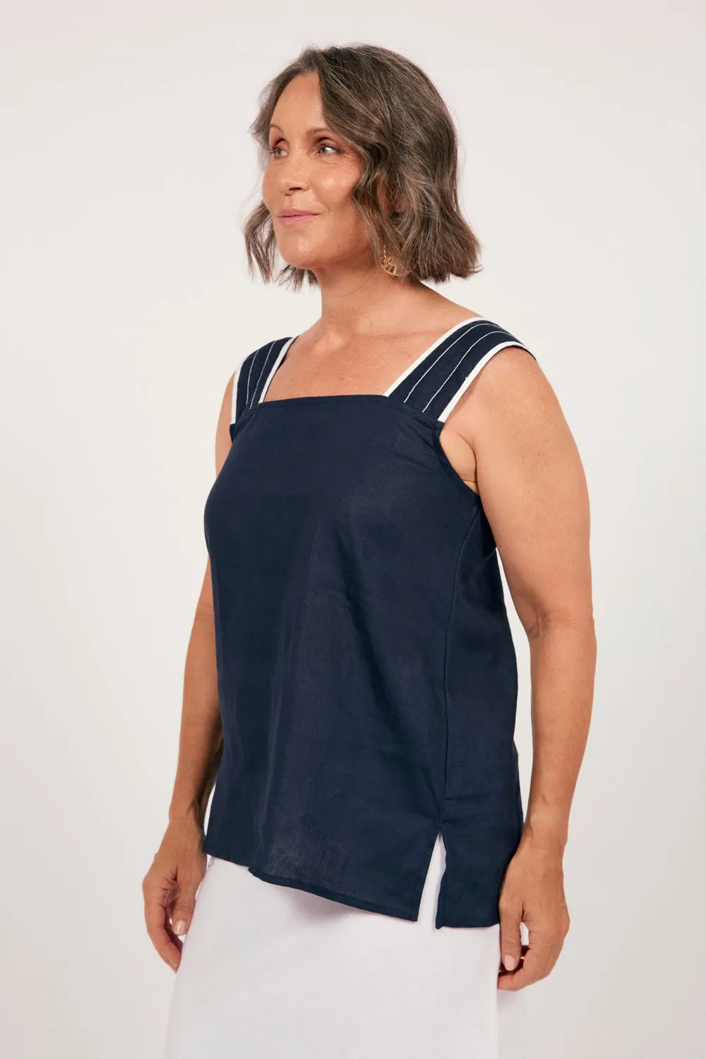 Bec Linen Top in Navy with White Stitching
