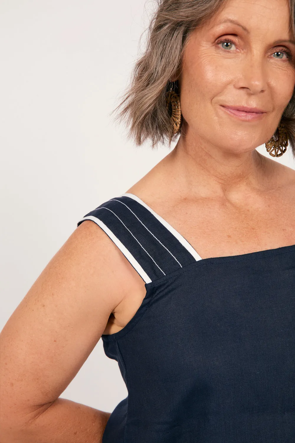 Bec Linen Top in Navy with White Stitching