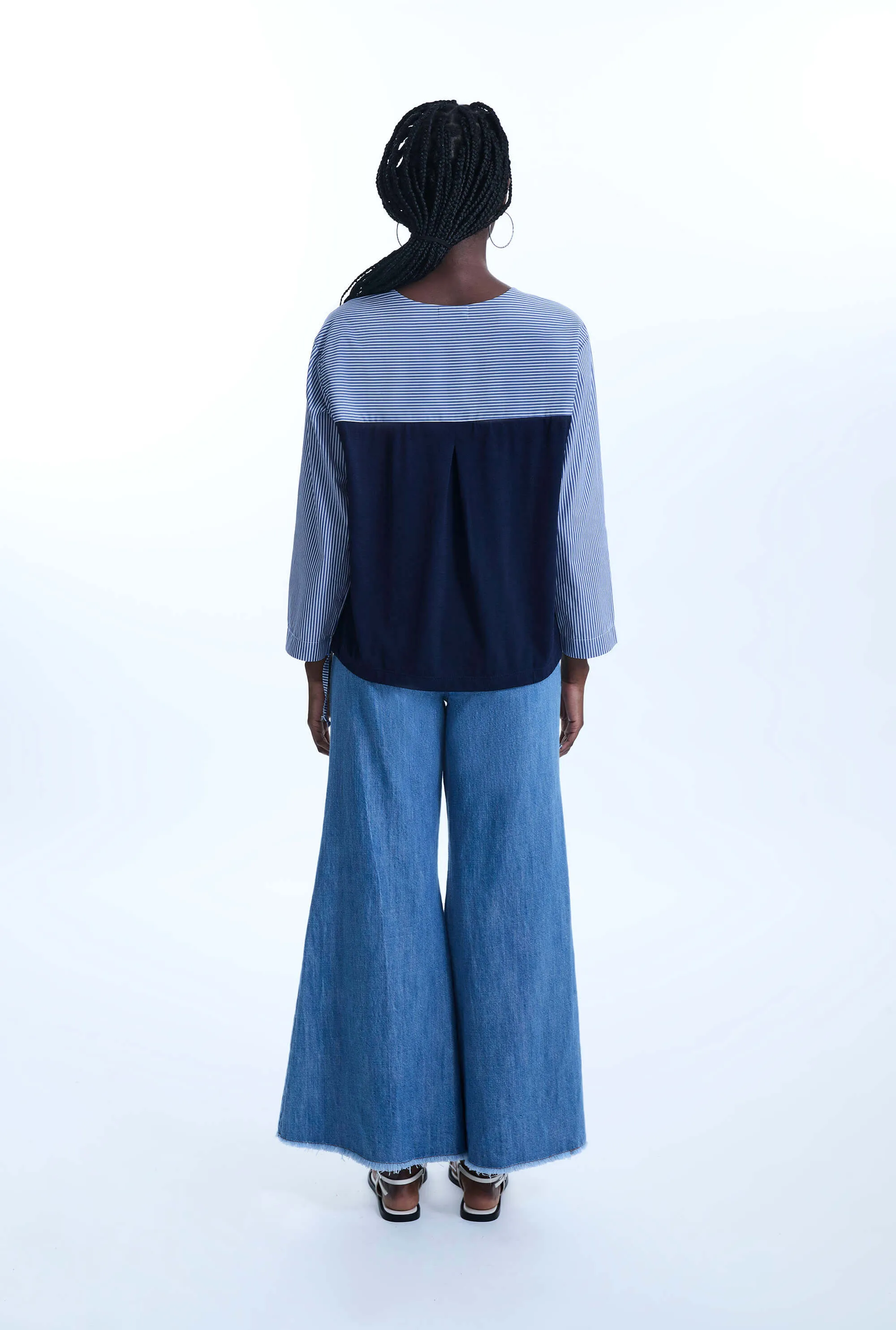 Bi-material Stripped Tunic Top