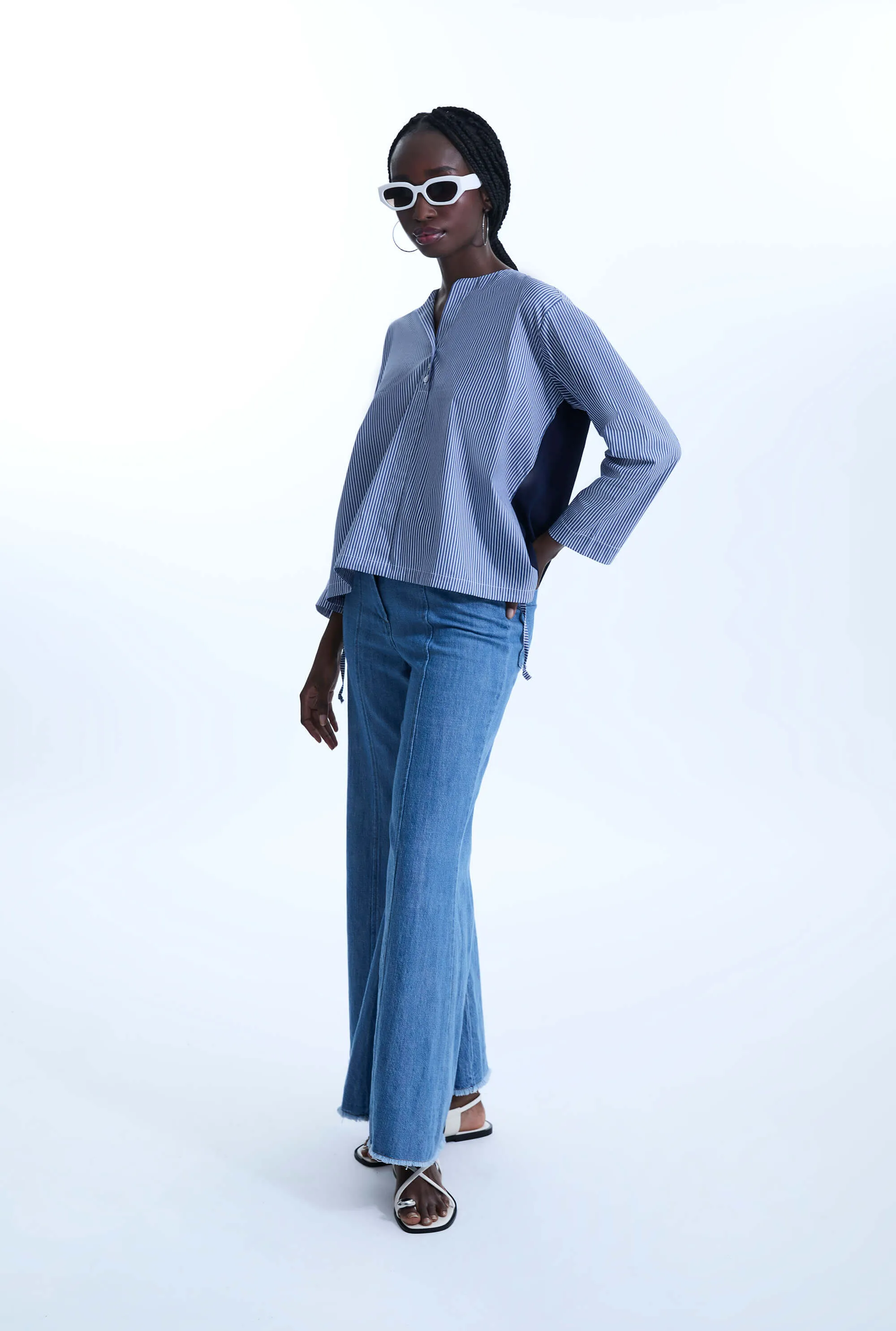 Bi-material Stripped Tunic Top