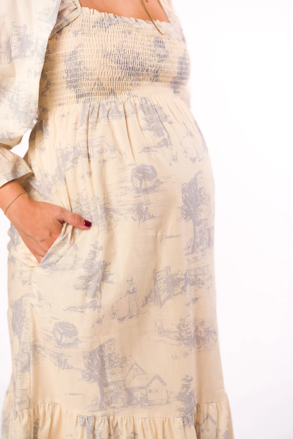 Bria Smocked Midi Dress with Puffed Long Sleeves in Ecru - Bump Friendly