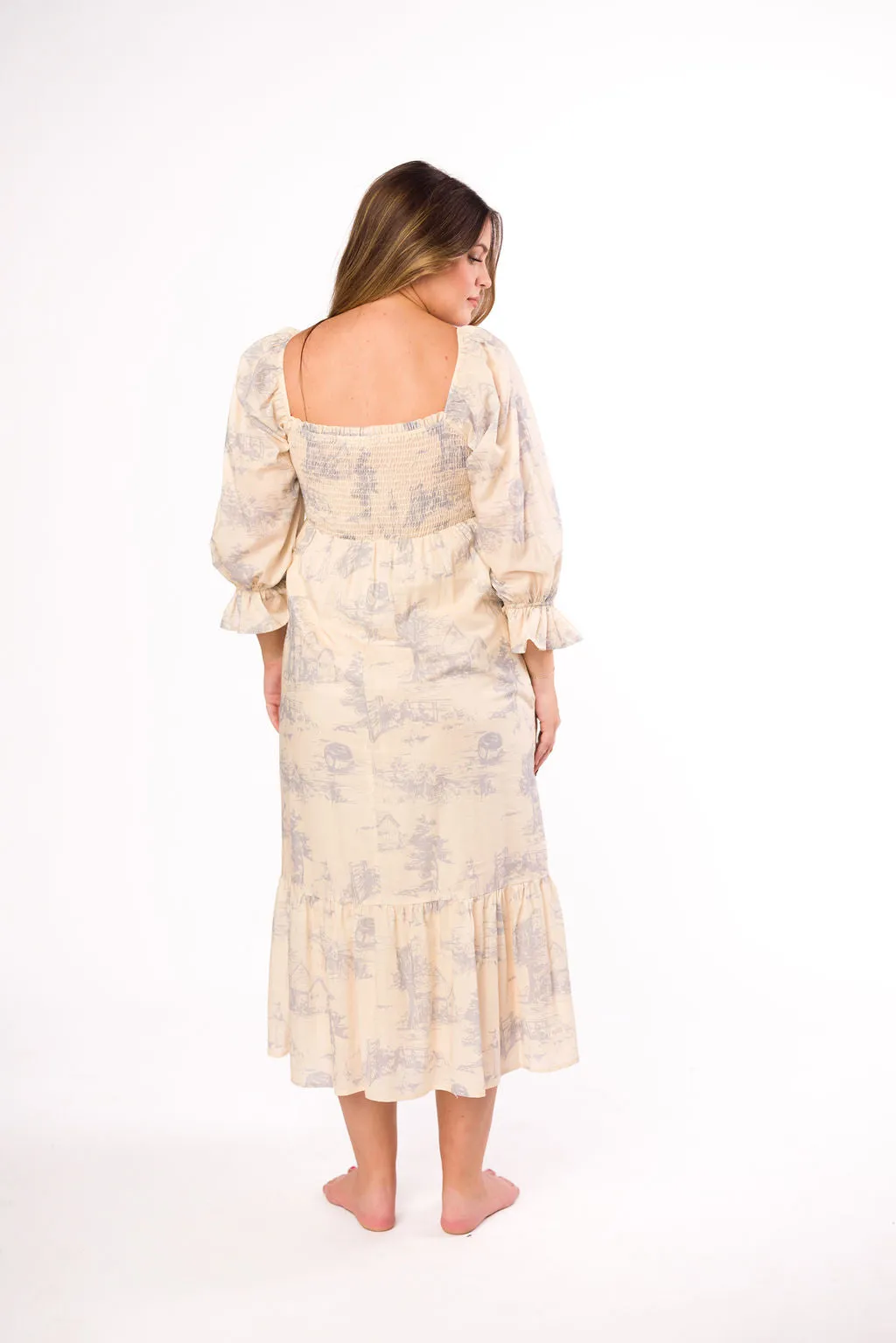 Bria Smocked Midi Dress with Puffed Long Sleeves in Ecru - Bump Friendly