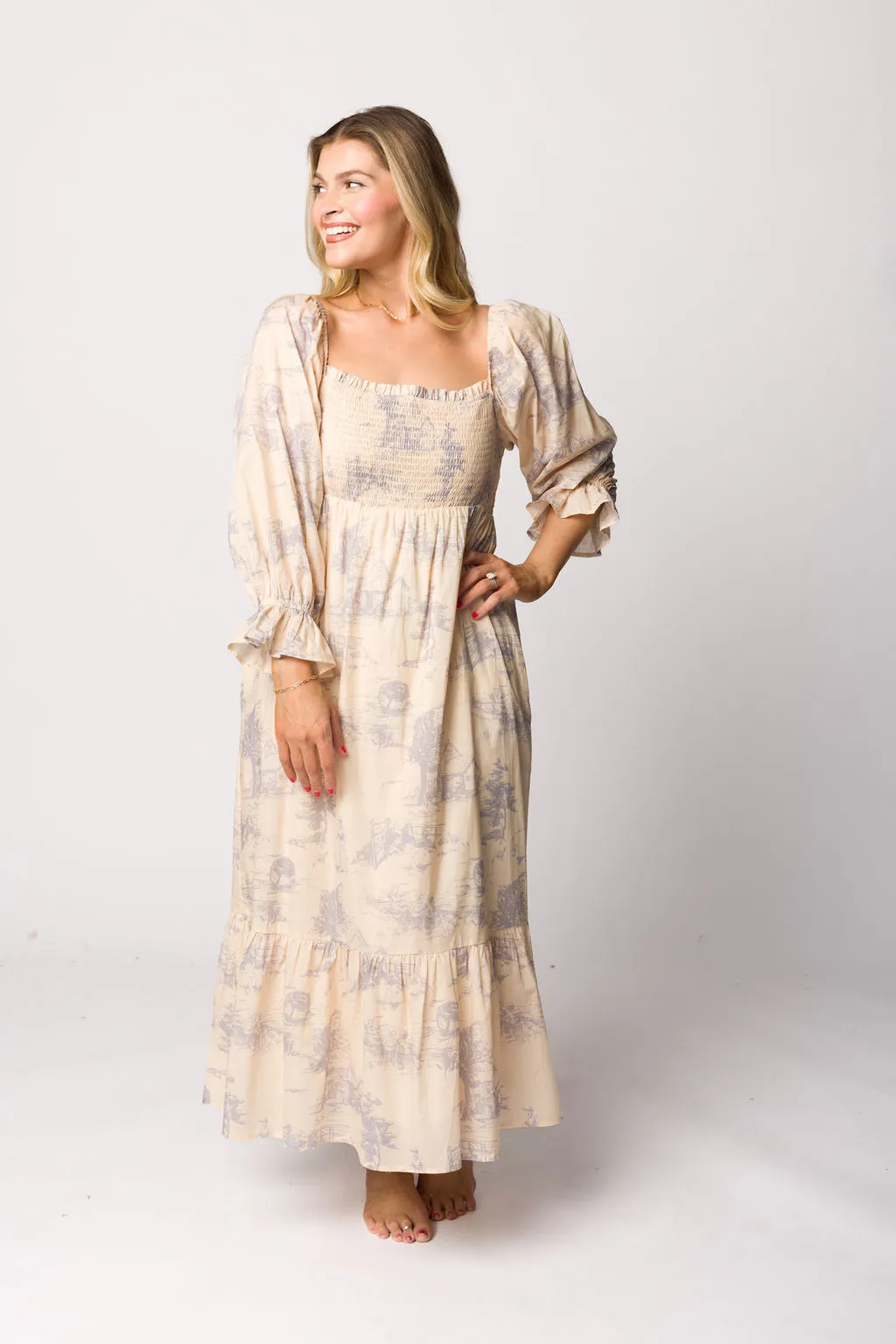 Bria Smocked Midi Dress with Puffed Long Sleeves in Ecru - Bump Friendly