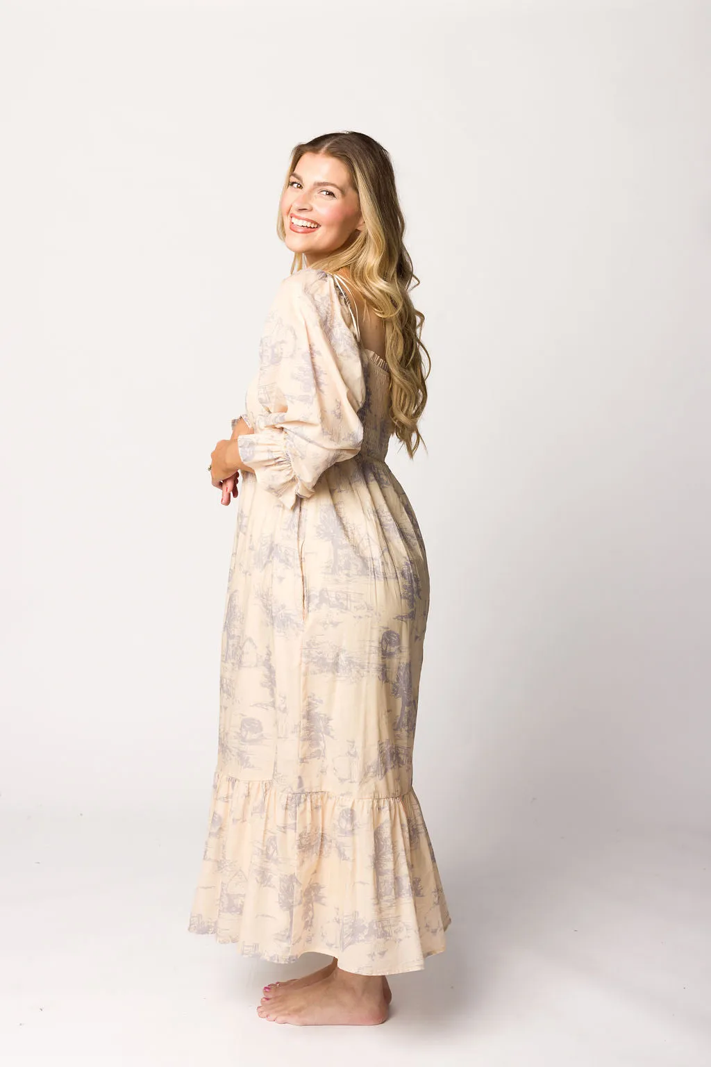 Bria Smocked Midi Dress with Puffed Long Sleeves in Ecru - Bump Friendly