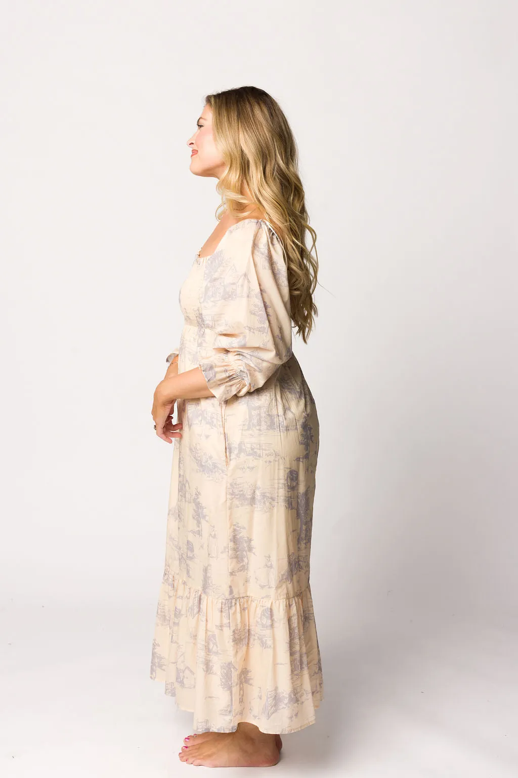 Bria Smocked Midi Dress with Puffed Long Sleeves in Ecru - Bump Friendly