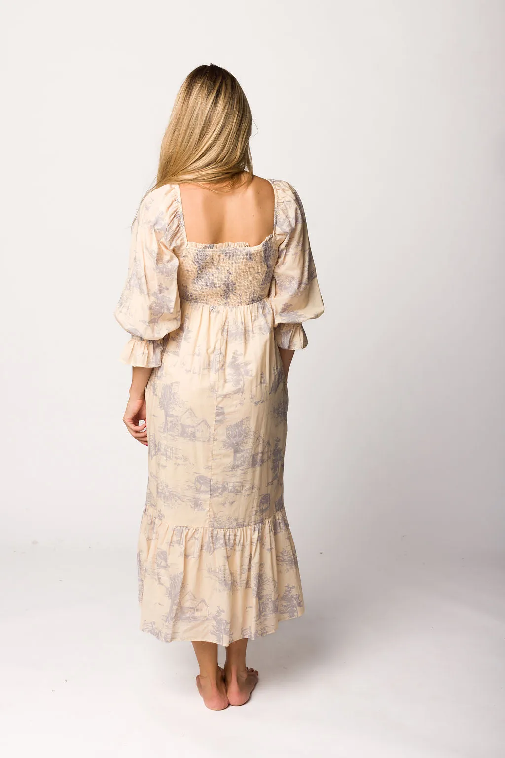 Bria Smocked Midi Dress with Puffed Long Sleeves in Ecru - Bump Friendly