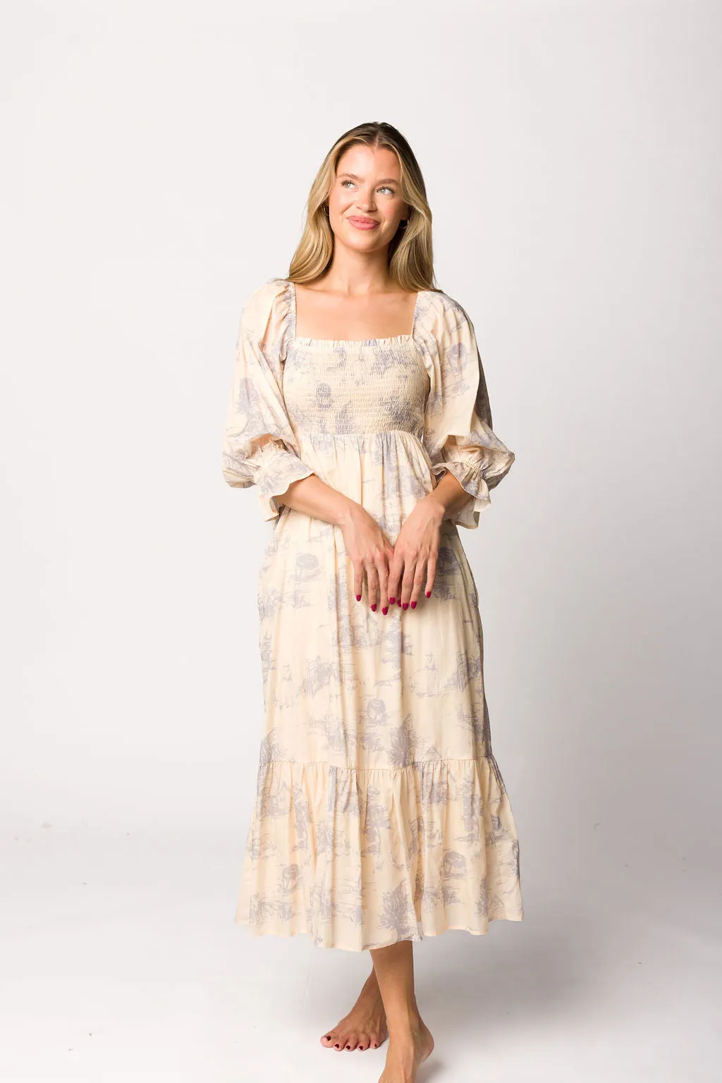 Bria Smocked Midi Dress with Puffed Long Sleeves in Ecru - Bump Friendly