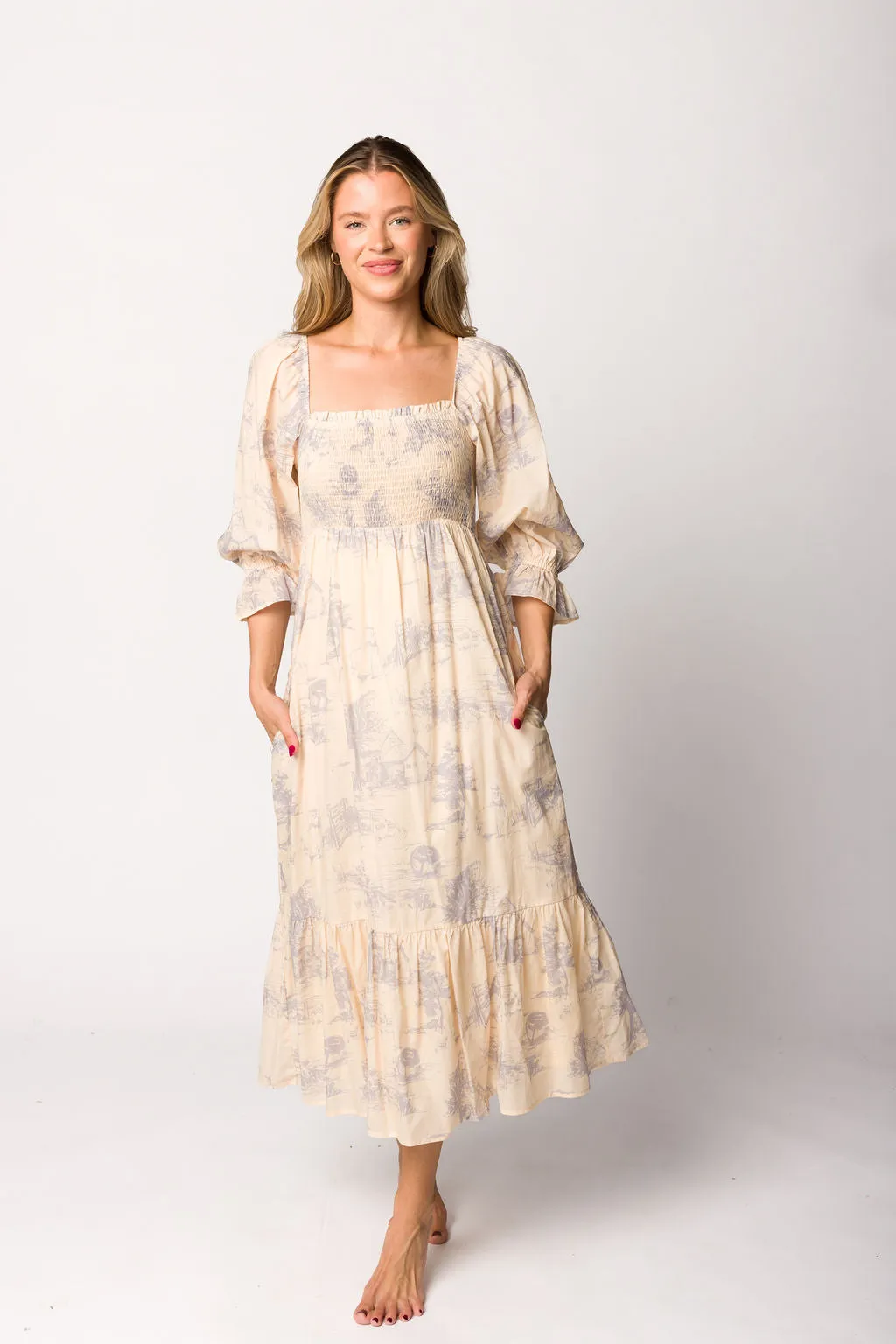 Bria Smocked Midi Dress with Puffed Long Sleeves in Ecru - Bump Friendly
