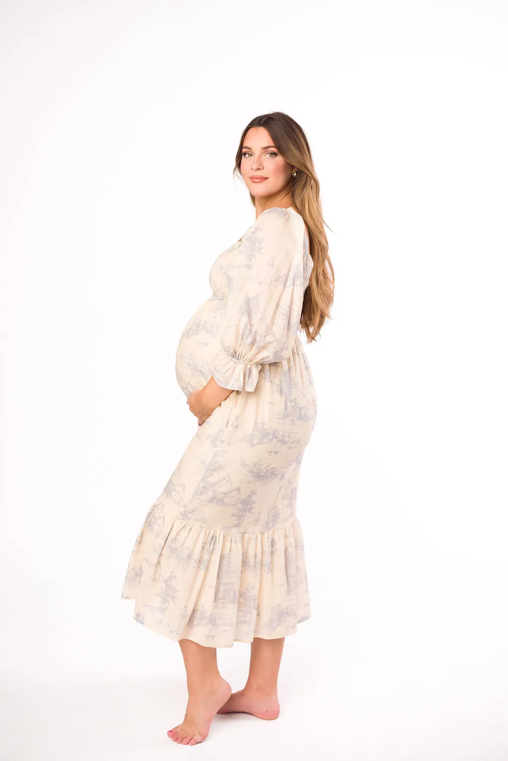 Bria Smocked Midi Dress with Puffed Long Sleeves in Ecru - Bump Friendly