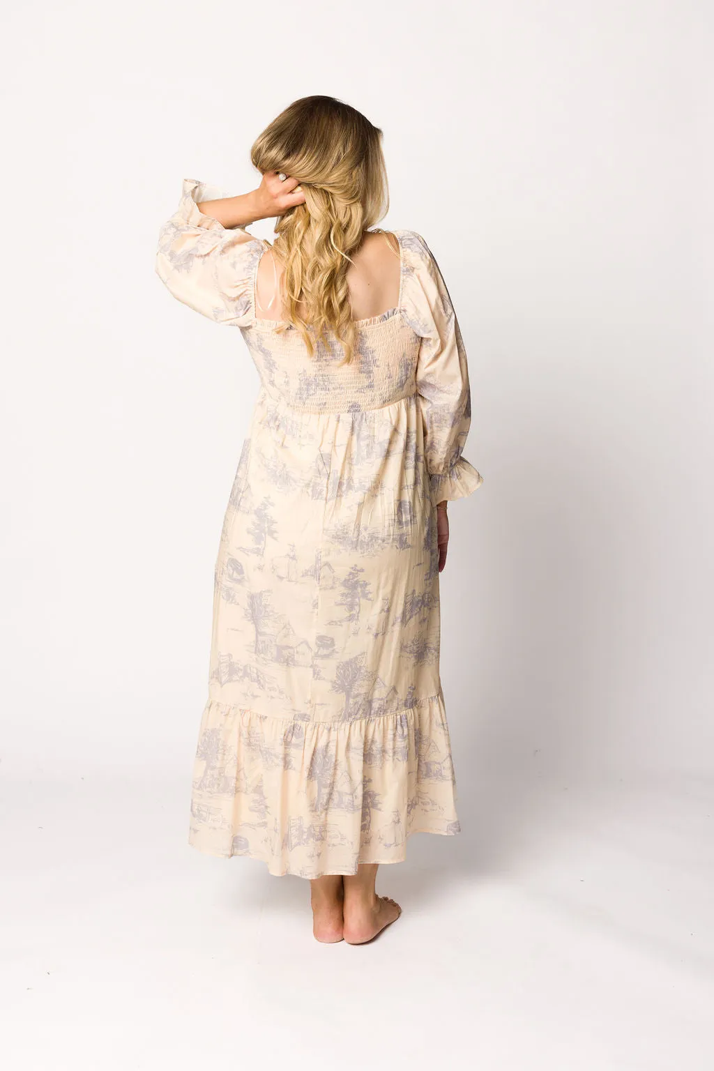 Bria Smocked Midi Dress with Puffed Long Sleeves in Ecru - Bump Friendly