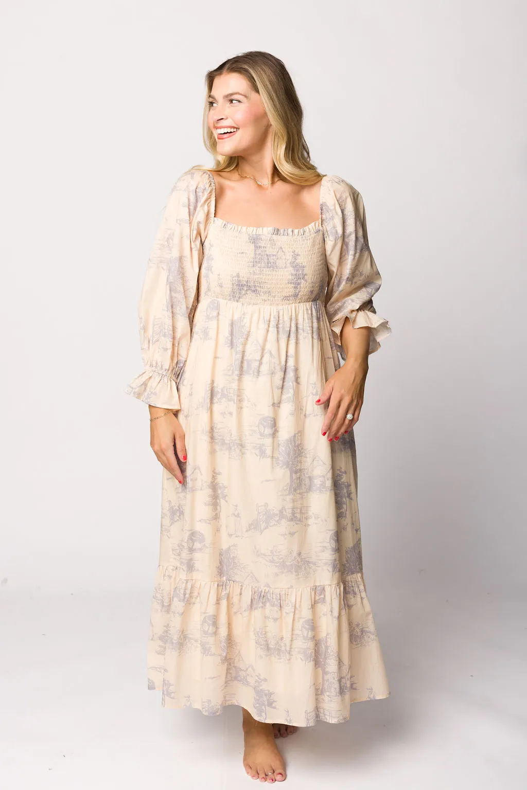Bria Smocked Midi Dress with Puffed Long Sleeves in Ecru - Bump Friendly