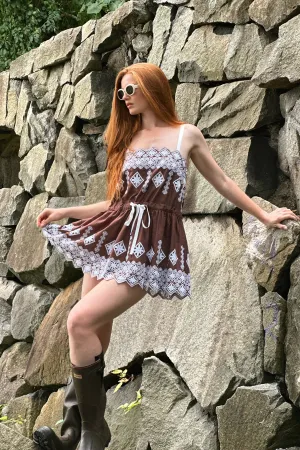 Brielle Rhombus Cotton Embroidery Mini Dress - Espresso