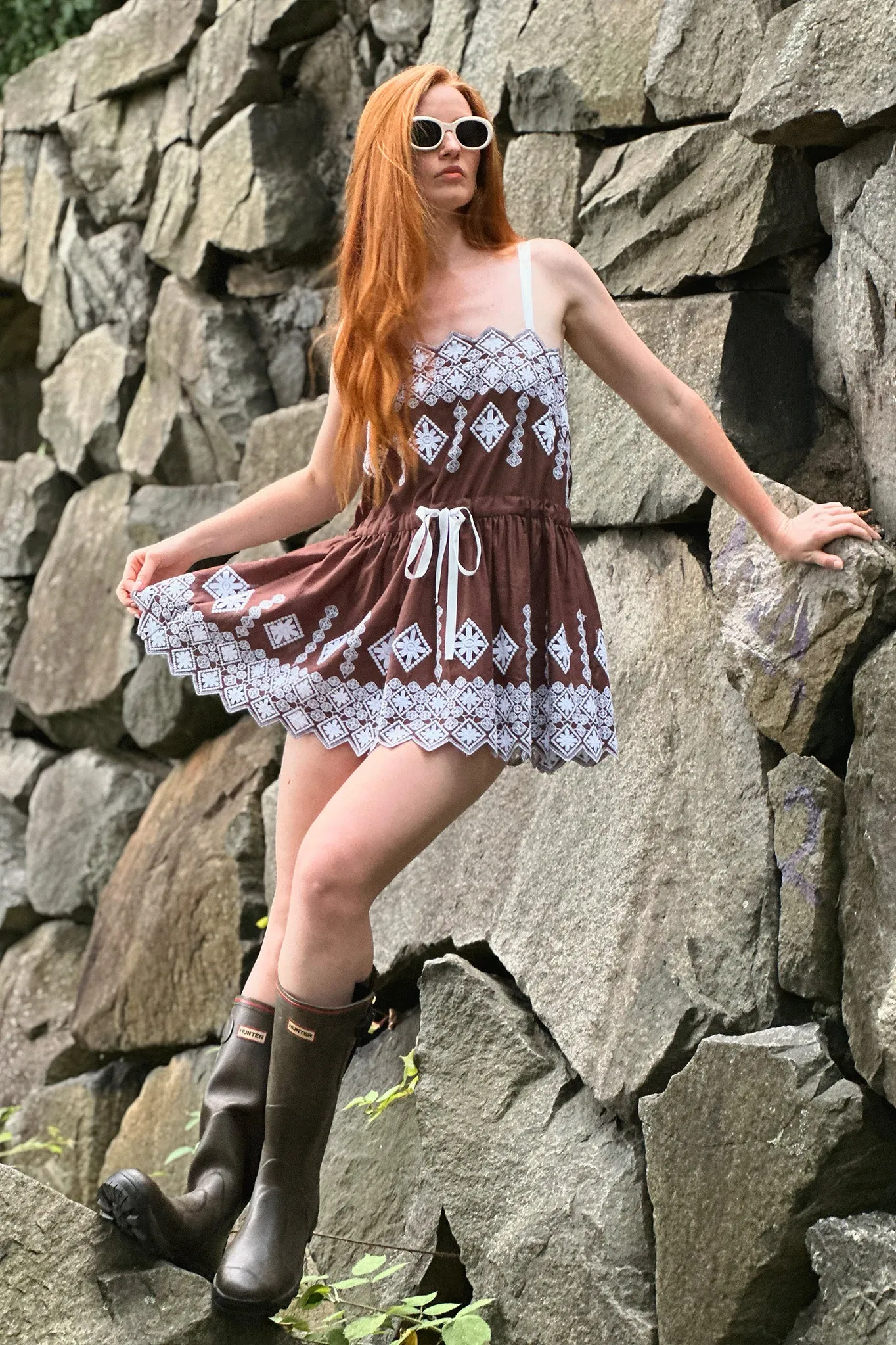 Brielle Rhombus Cotton Embroidery Mini Dress - Espresso