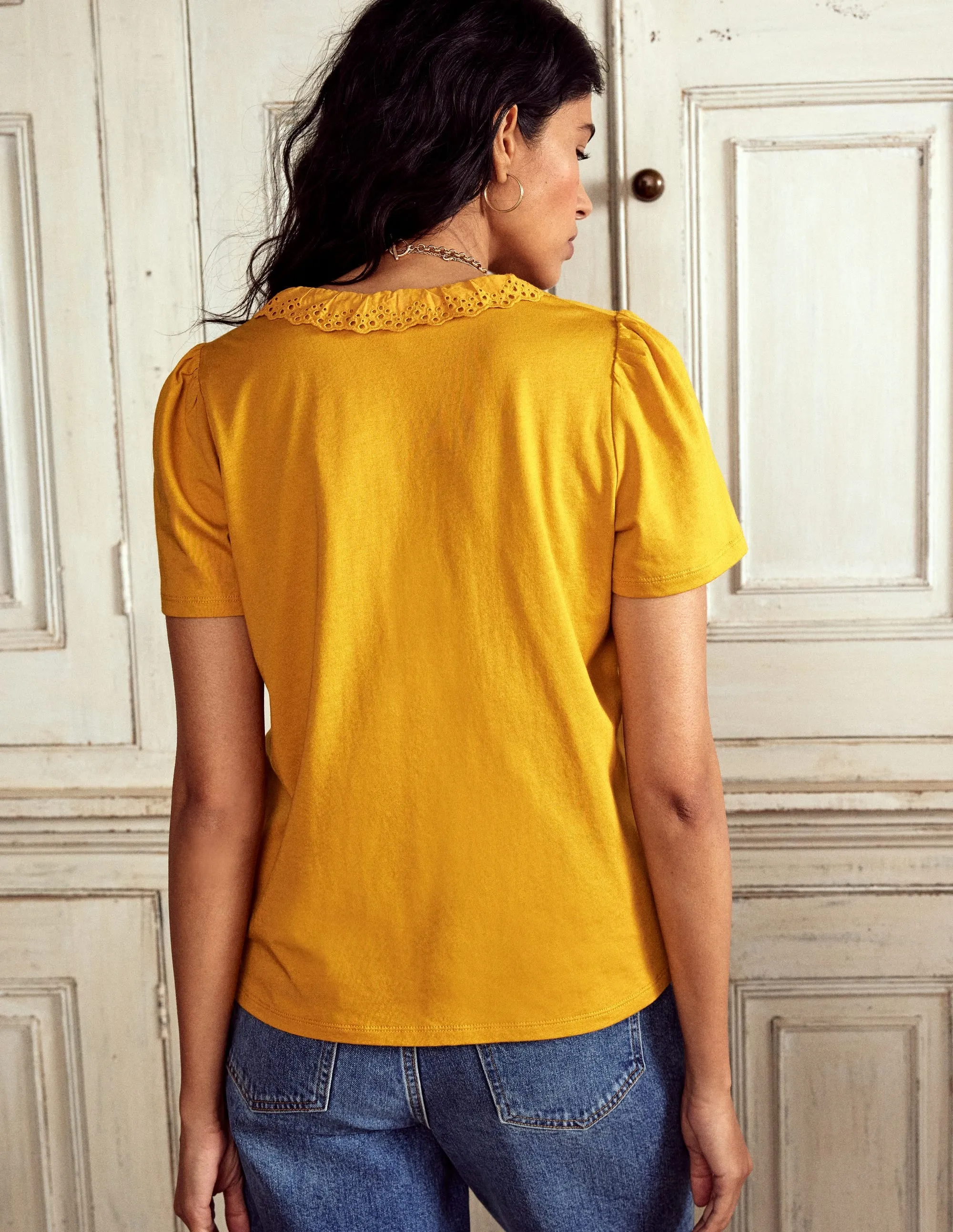 Broderie V-Neck Top-Golden Rye