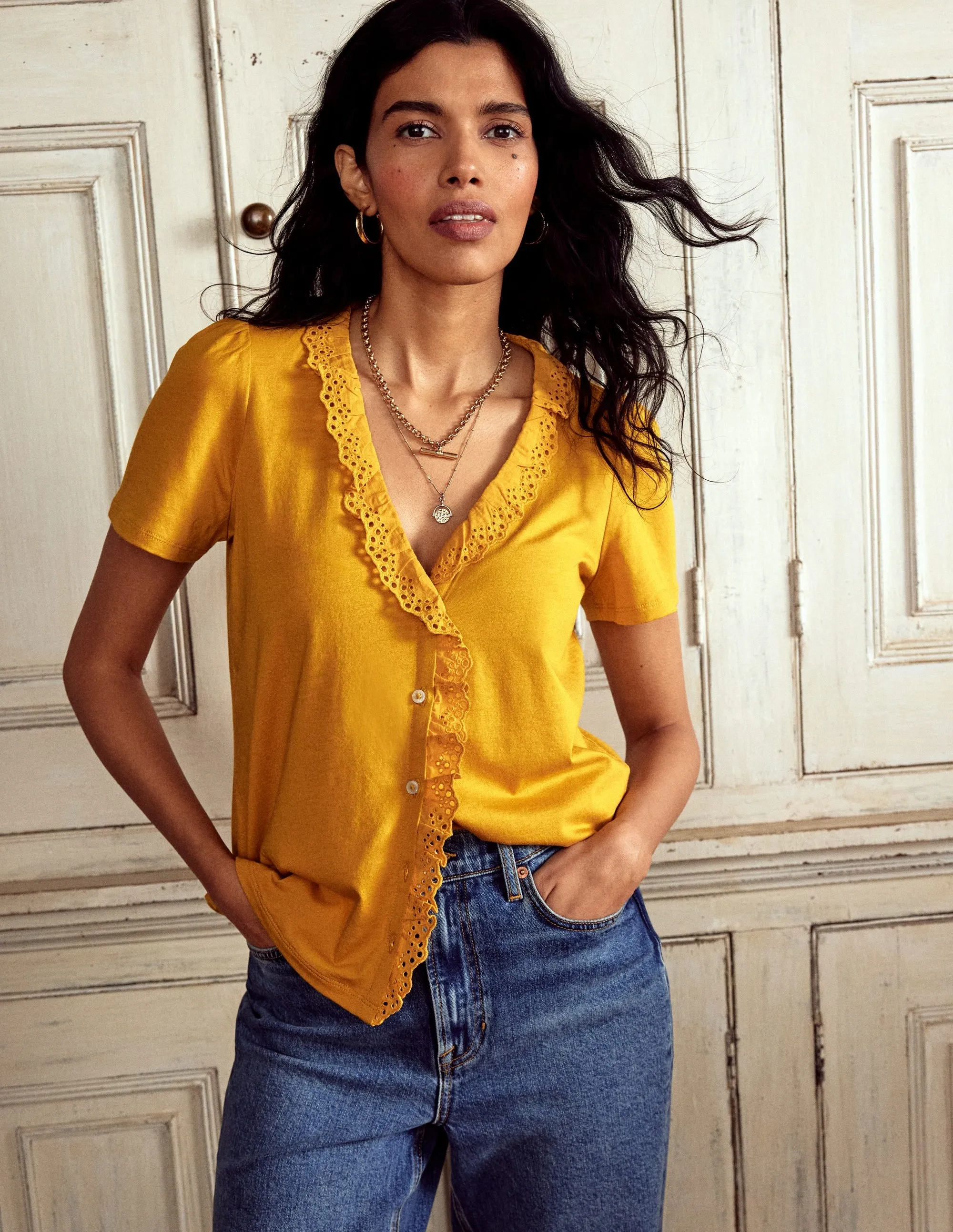 Broderie V-Neck Top-Golden Rye