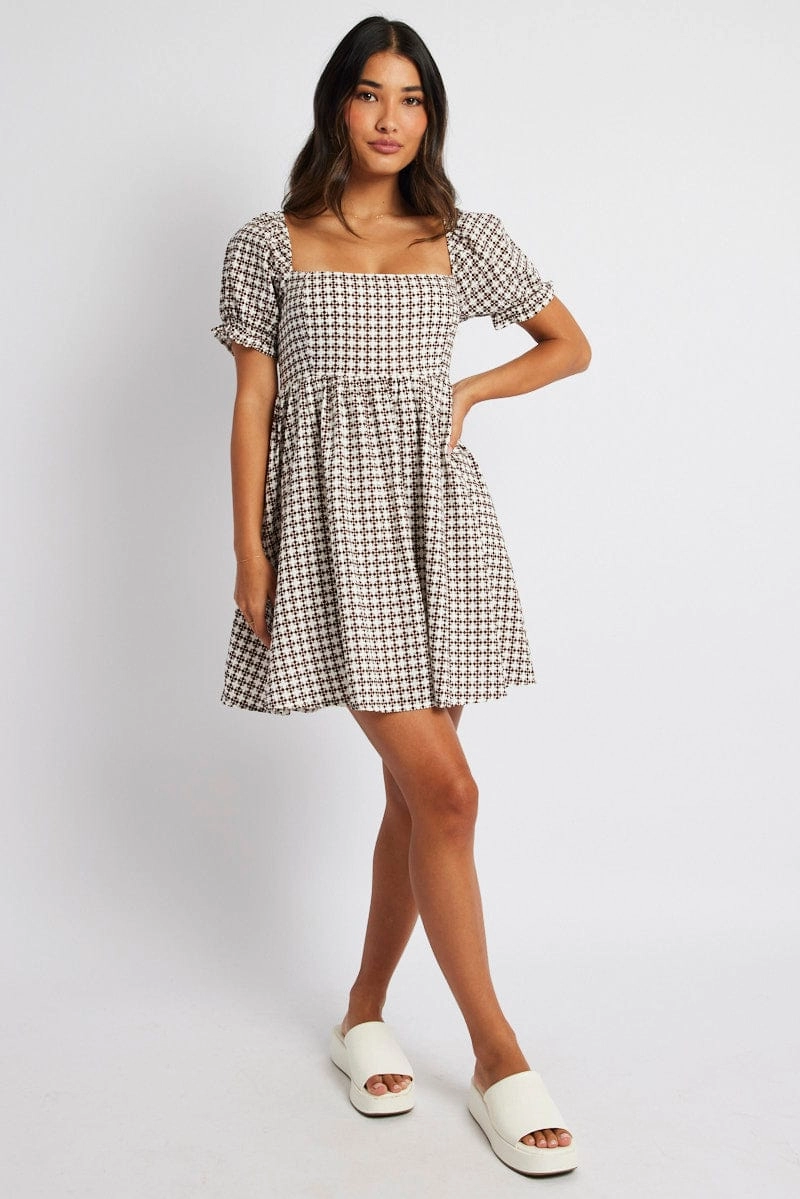 Brown Geo Fit and Flare Dress Short Sleeve
