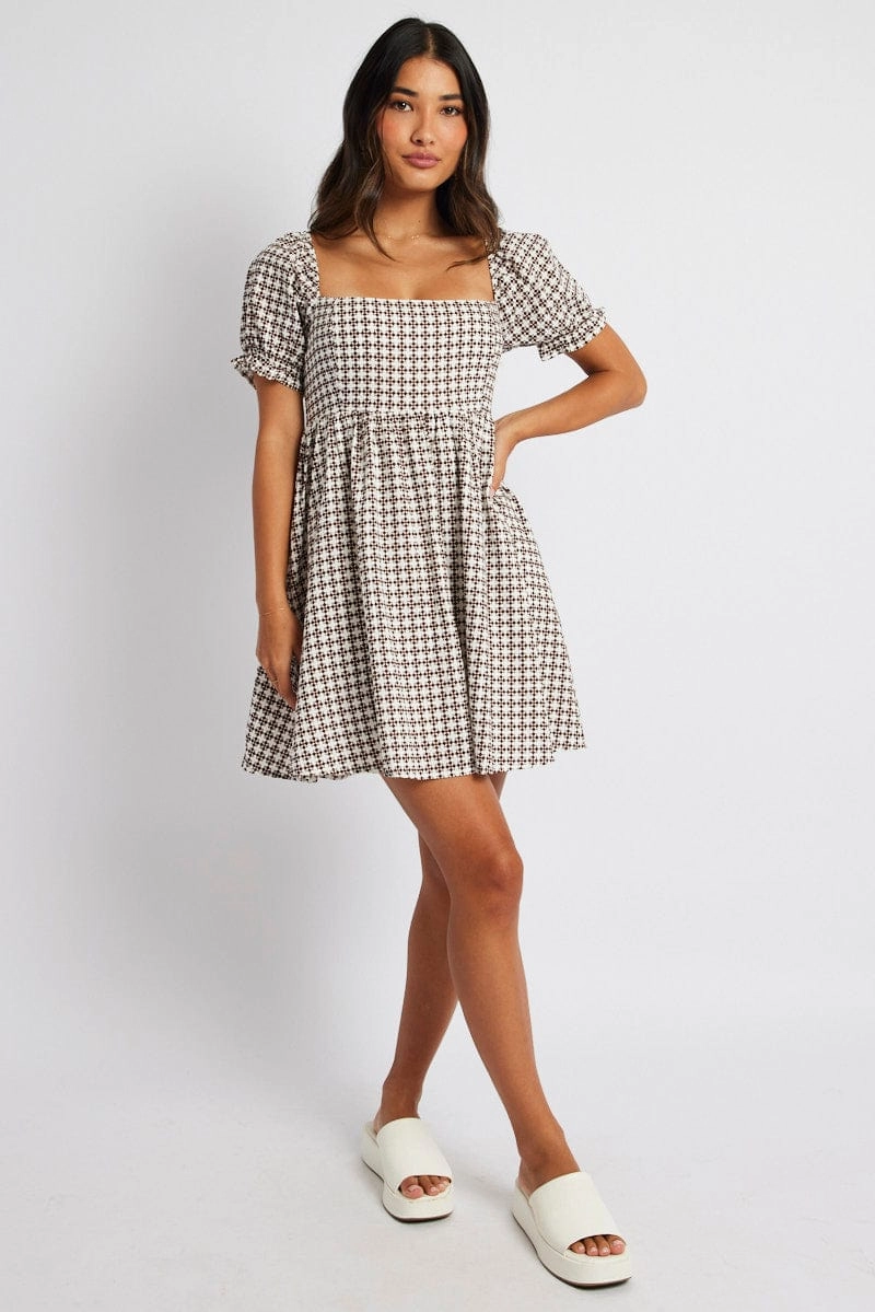 Brown Geo Fit and Flare Dress Short Sleeve