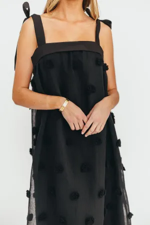 Catalina Blossom Embroidery Tie Strap Midi Dress in Black