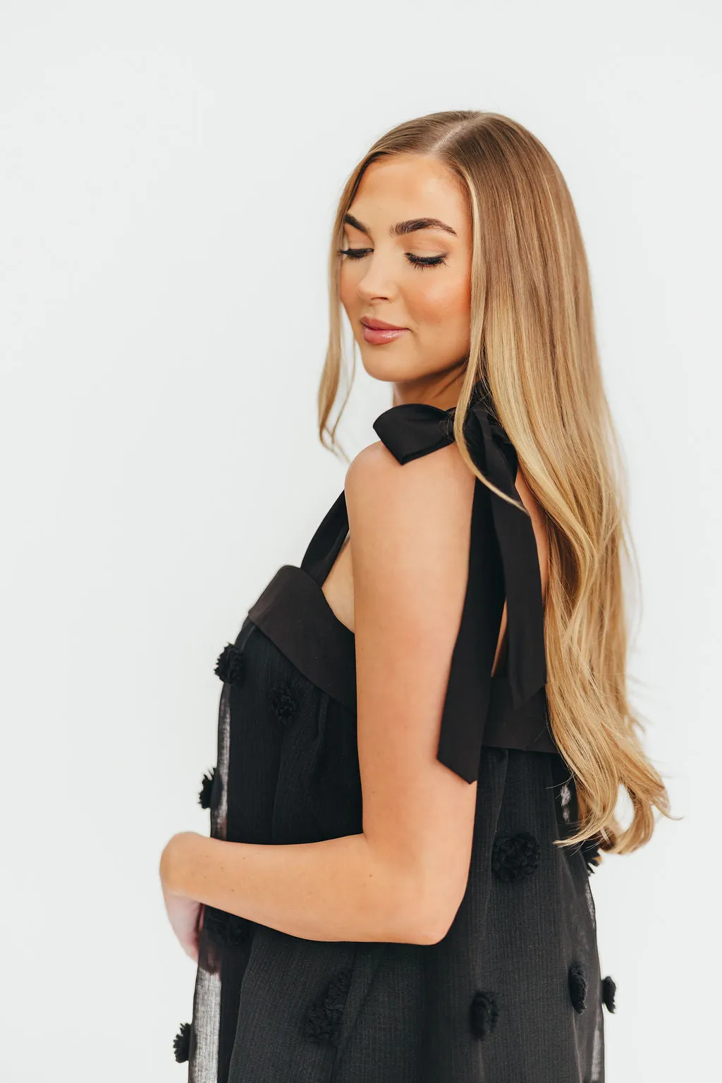 Catalina Blossom Embroidery Tie Strap Midi Dress in Black