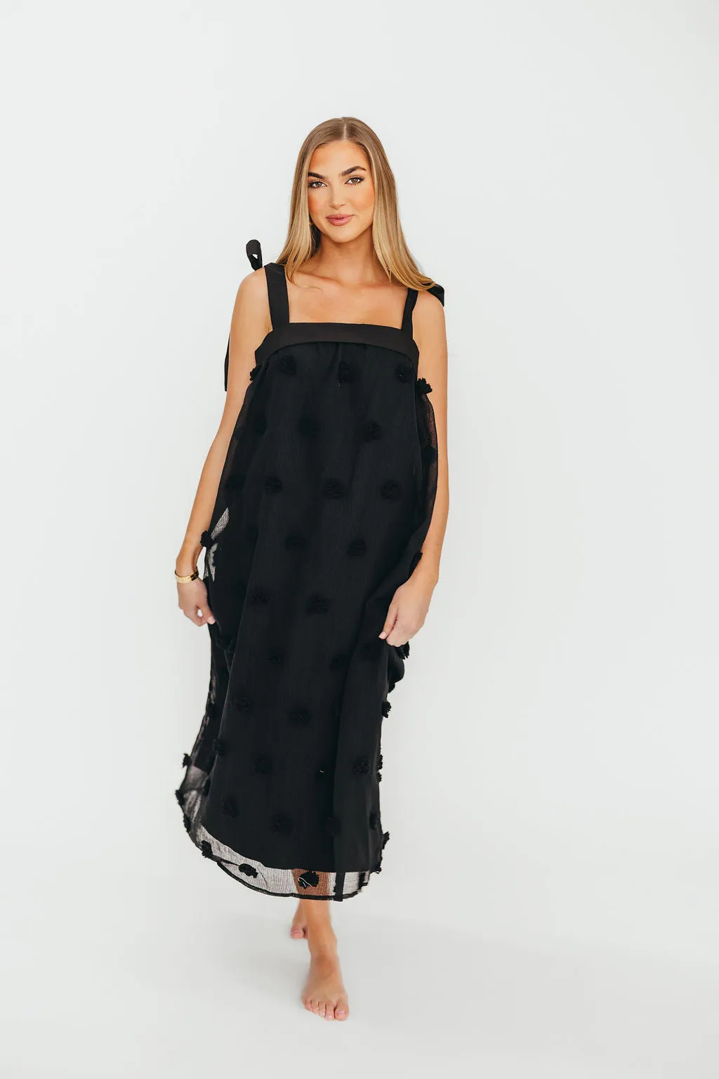 Catalina Blossom Embroidery Tie Strap Midi Dress in Black