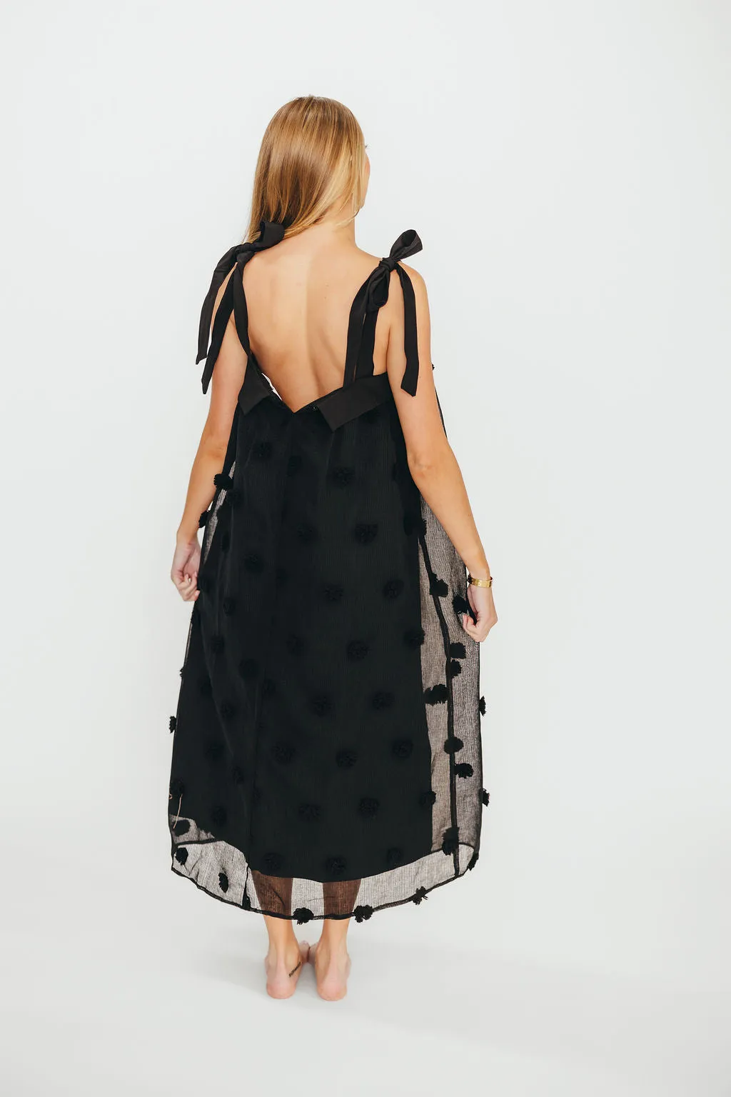 Catalina Blossom Embroidery Tie Strap Midi Dress in Black
