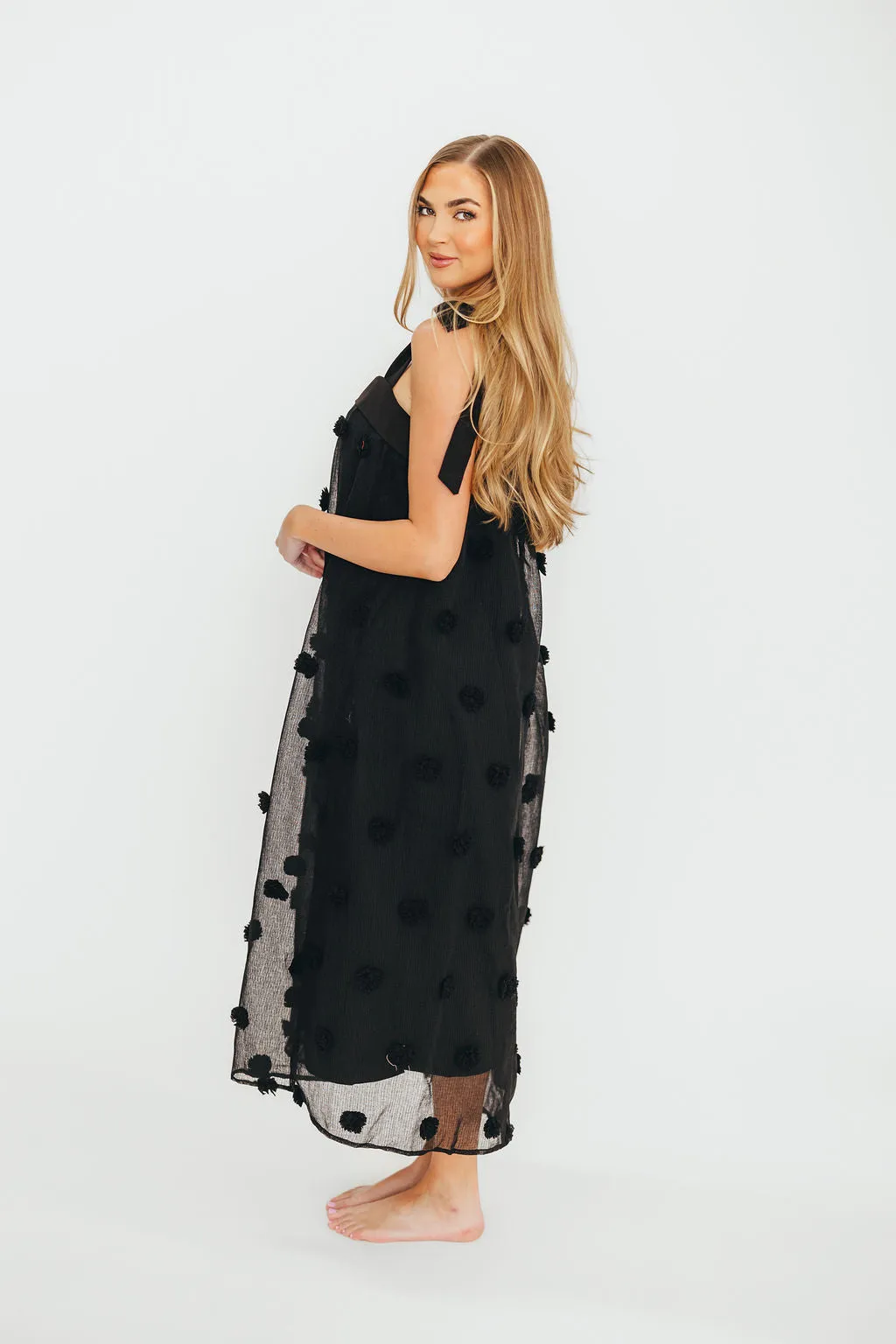Catalina Blossom Embroidery Tie Strap Midi Dress in Black