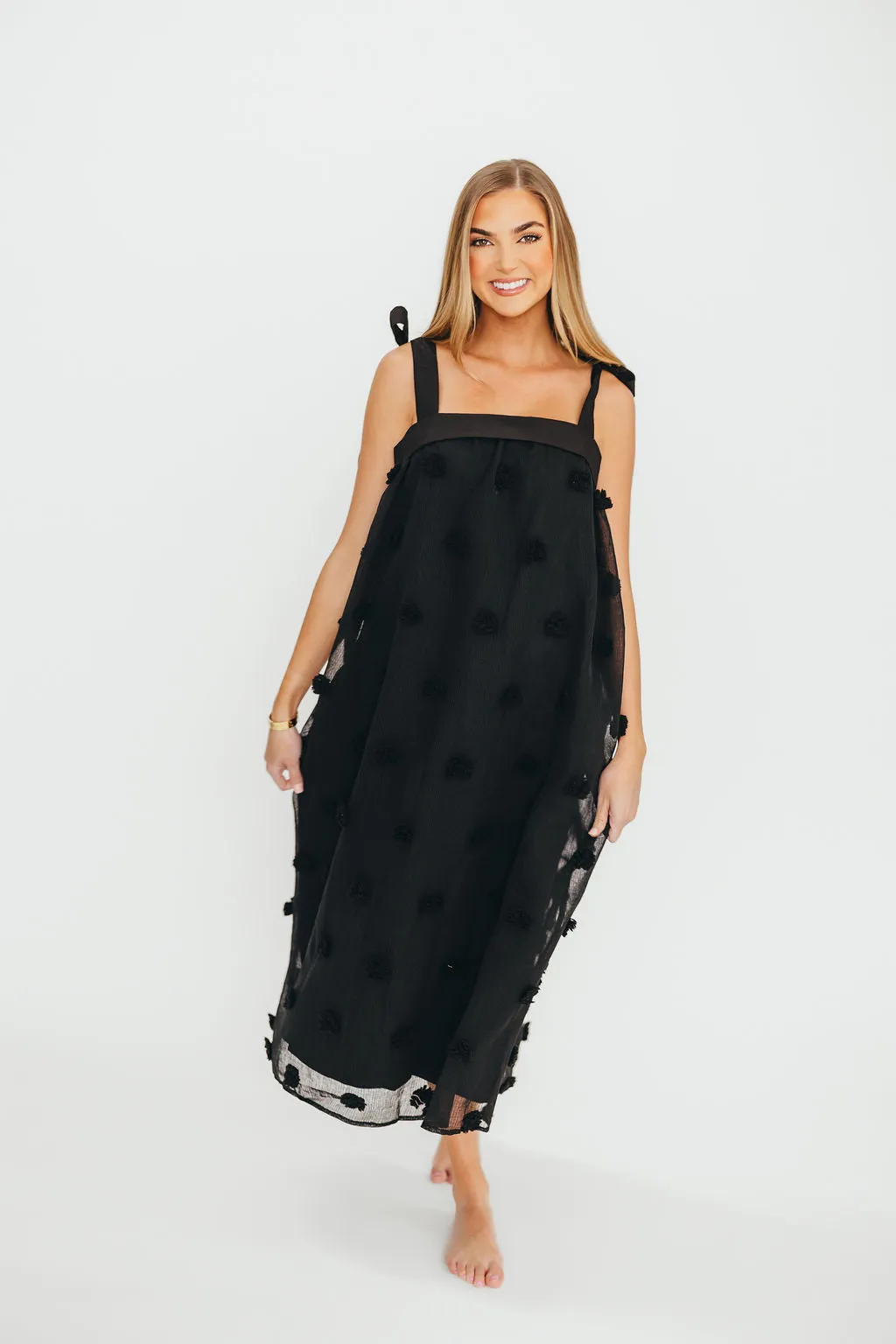 Catalina Blossom Embroidery Tie Strap Midi Dress in Black