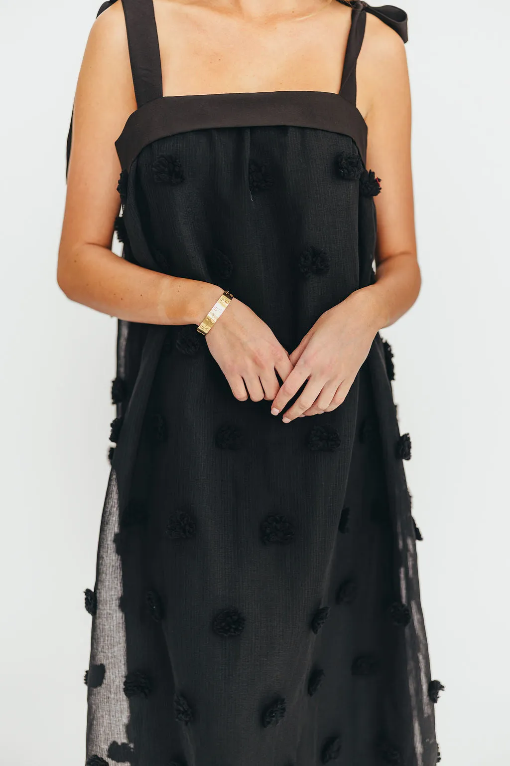 Catalina Blossom Embroidery Tie Strap Midi Dress in Black
