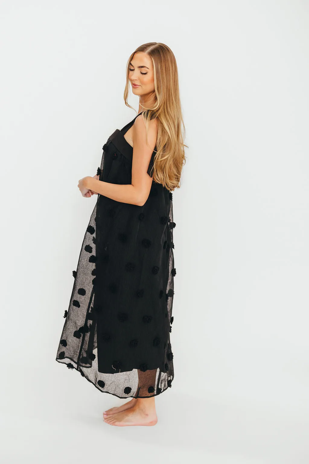 Catalina Blossom Embroidery Tie Strap Midi Dress in Black