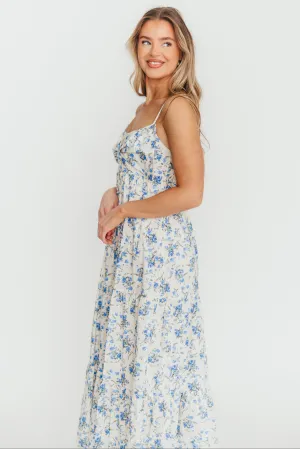Cecile 100% Cotton Bow Front Maxi Dress in Cream/Blue Floral