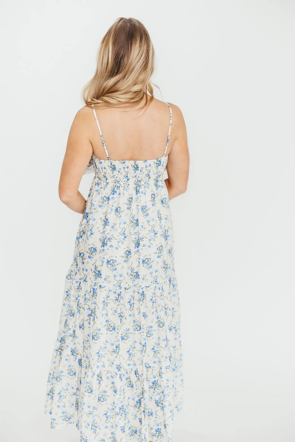 Cecile 100% Cotton Bow Front Maxi Dress in Cream/Blue Floral