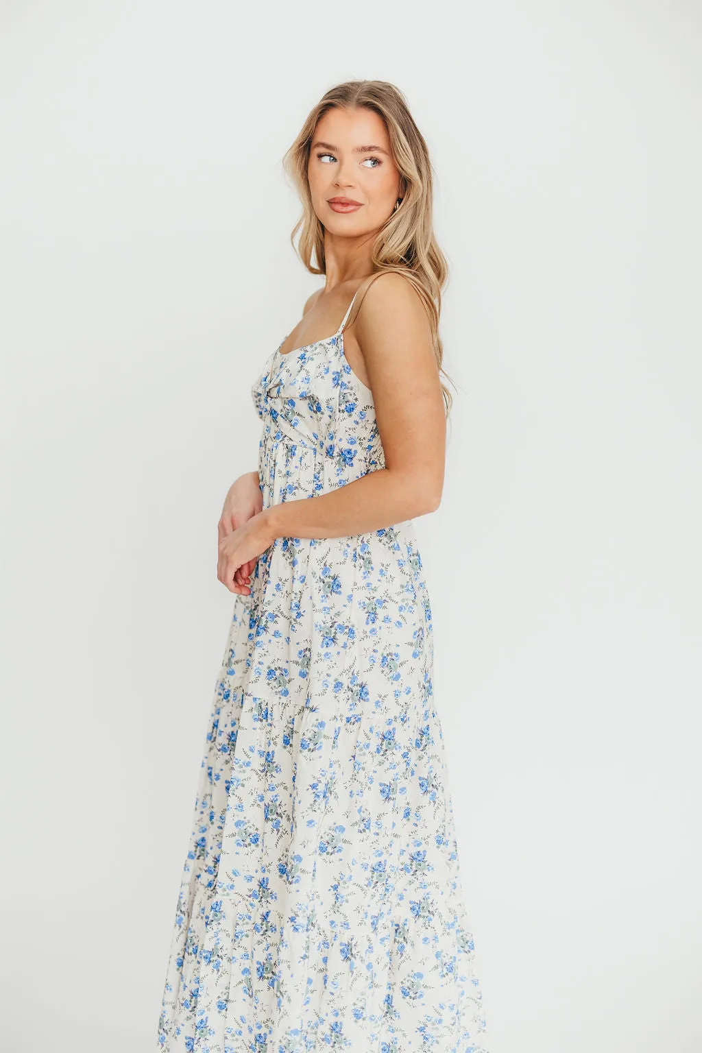 Cecile 100% Cotton Bow Front Maxi Dress in Cream/Blue Floral