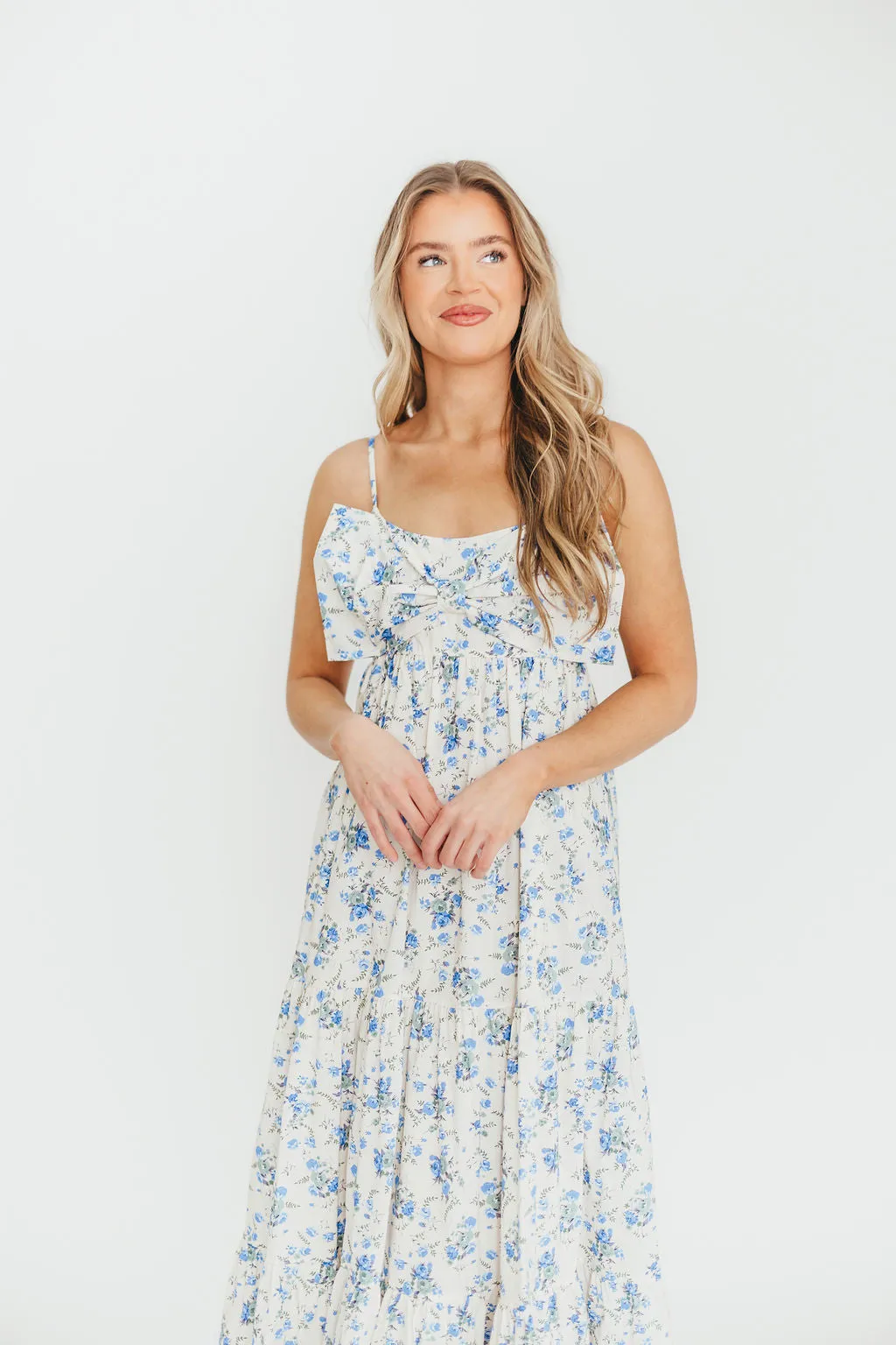 Cecile 100% Cotton Bow Front Maxi Dress in Cream/Blue Floral
