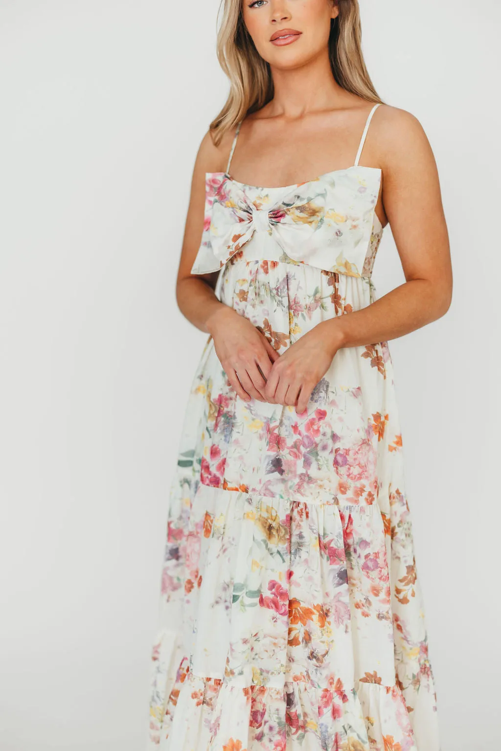 Cecile Bow Front Maxi Dress in Cream/Multi Floral