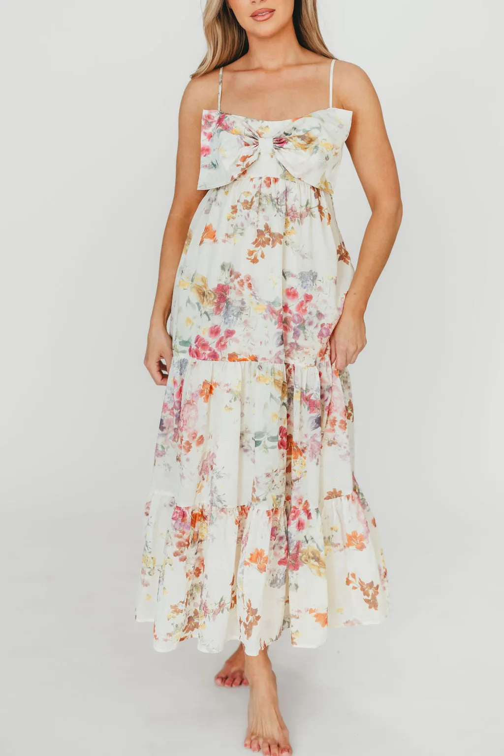 Cecile Bow Front Maxi Dress in Cream/Multi Floral