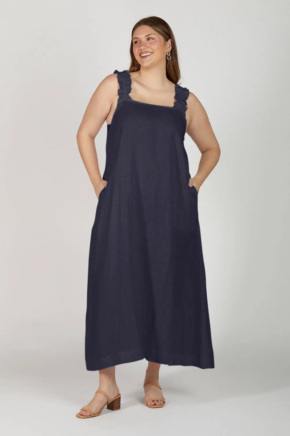 Claire Maxi Linen Dress in Navy