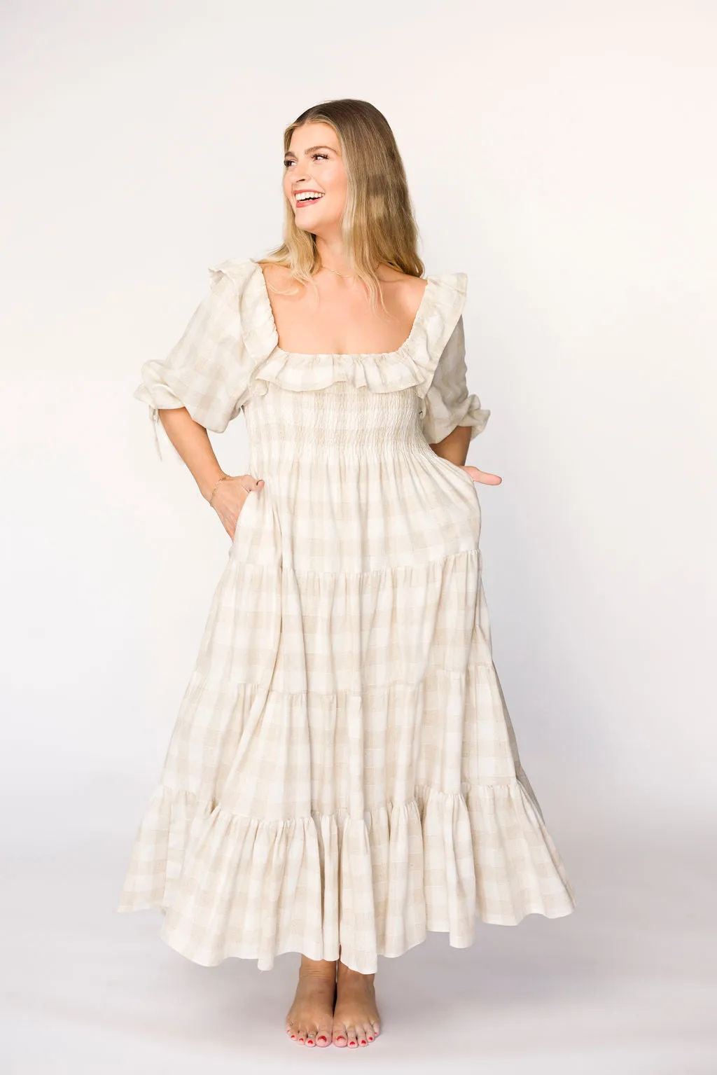 Clea Dress in Natural Plaid - Bump Friendly