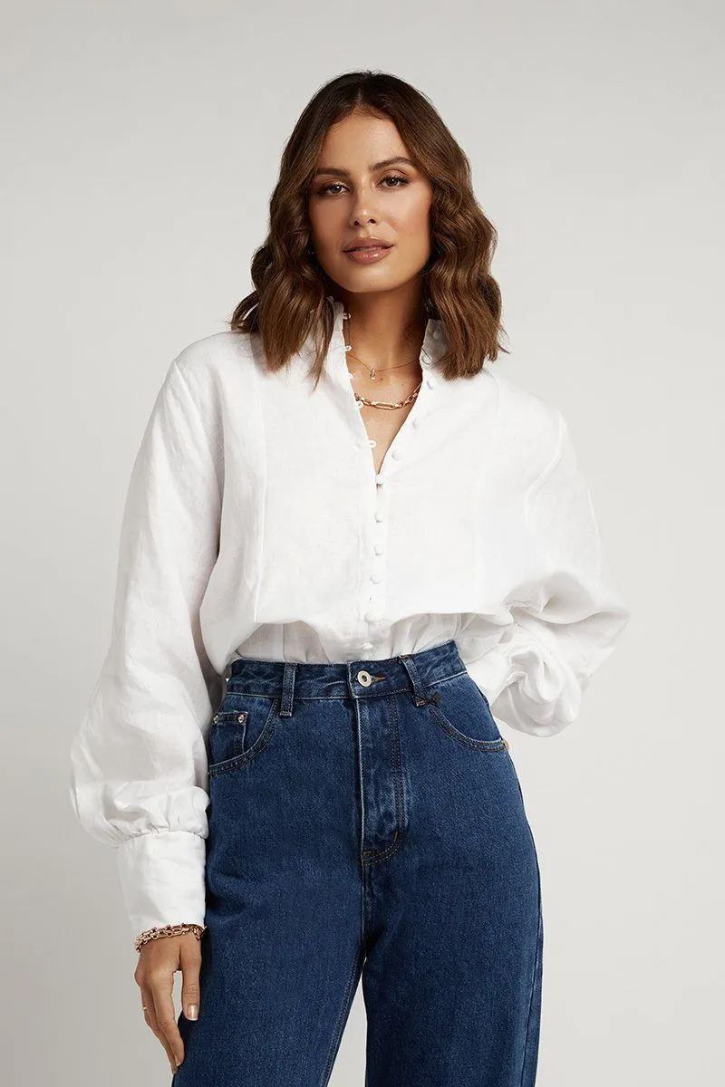 CLOE WHITE LINEN SLEEVE SHIRT