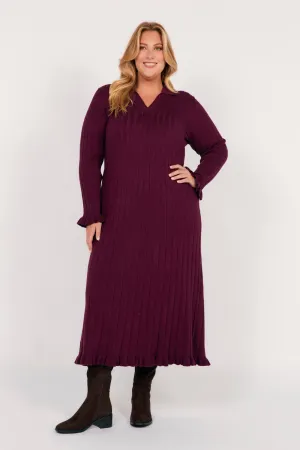 Collared Knitted Swing Dress in Plum
