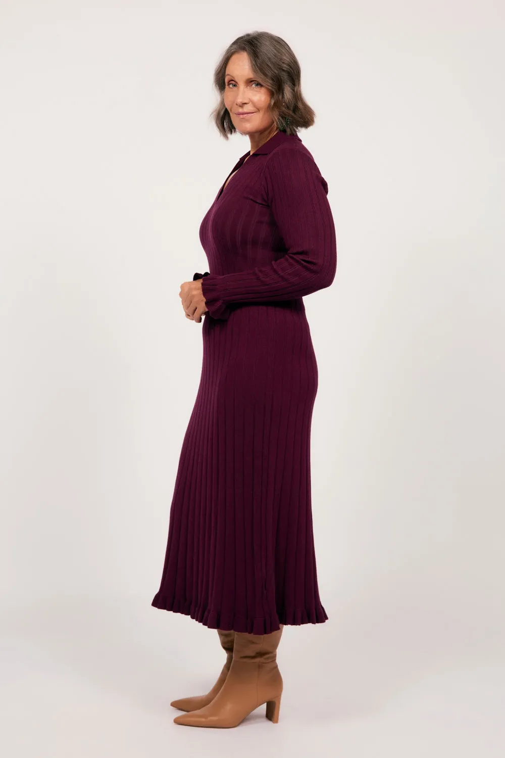 Collared Knitted Swing Dress in Plum