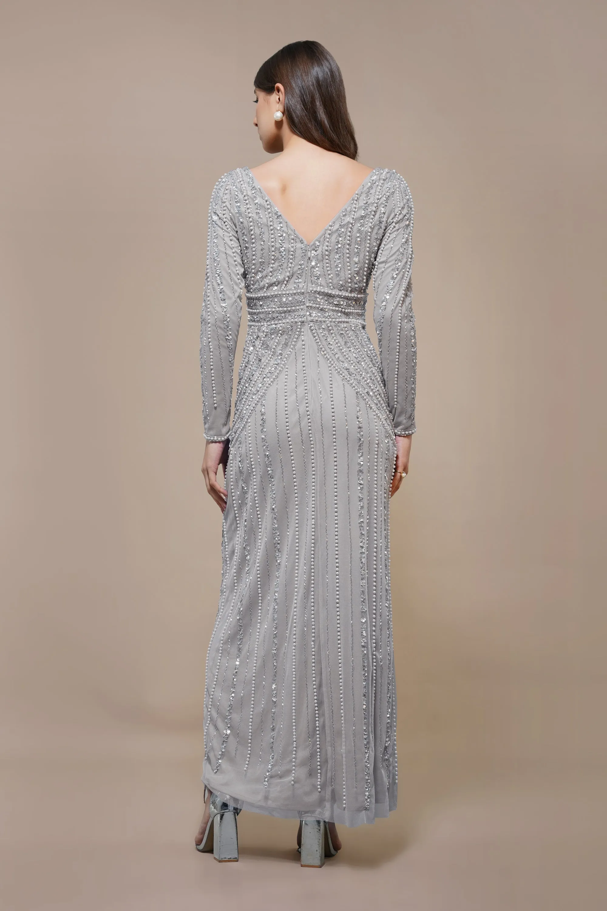 Cordelia Embellished Maxi Dress in Light Grey