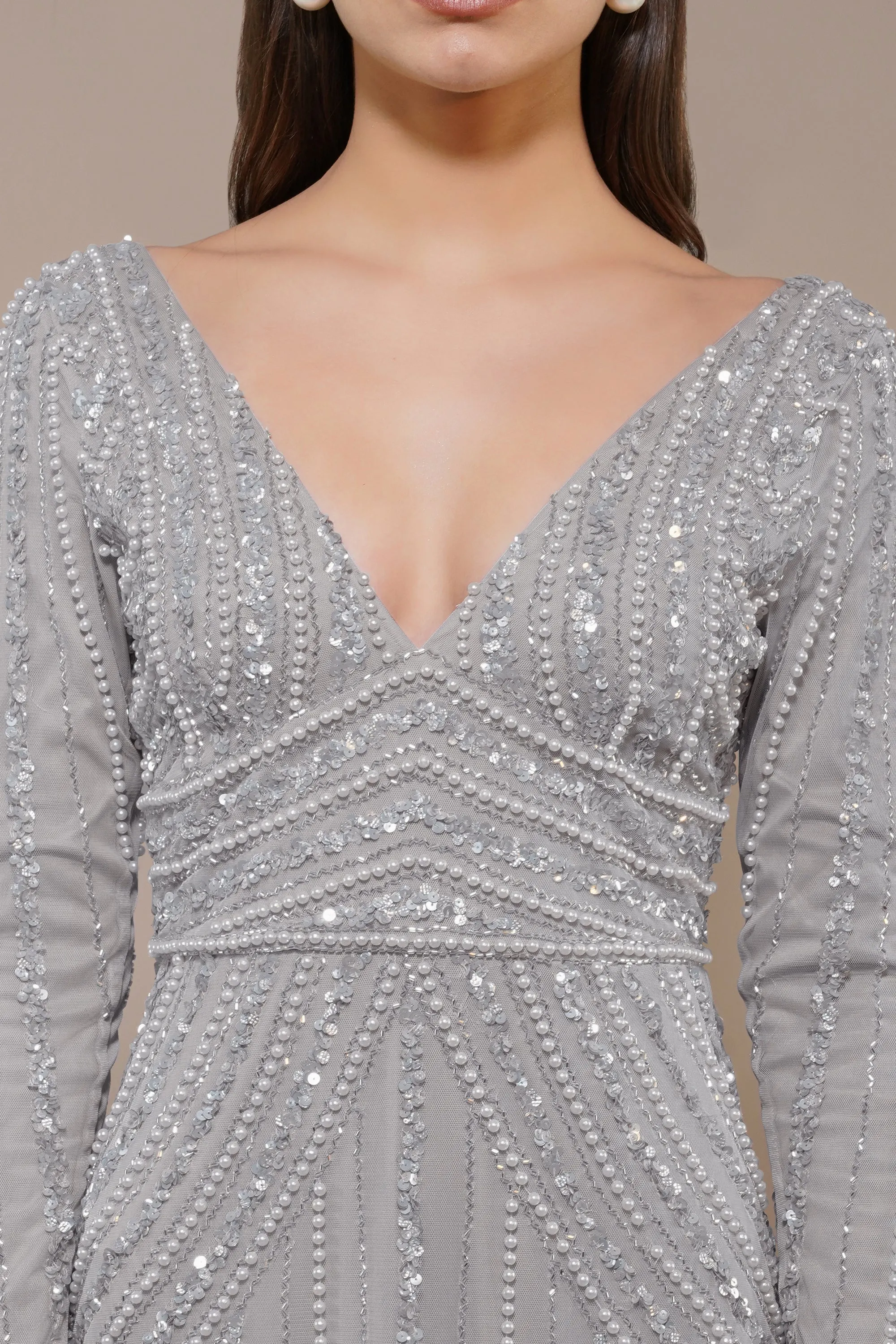 Cordelia Embellished Maxi Dress in Light Grey