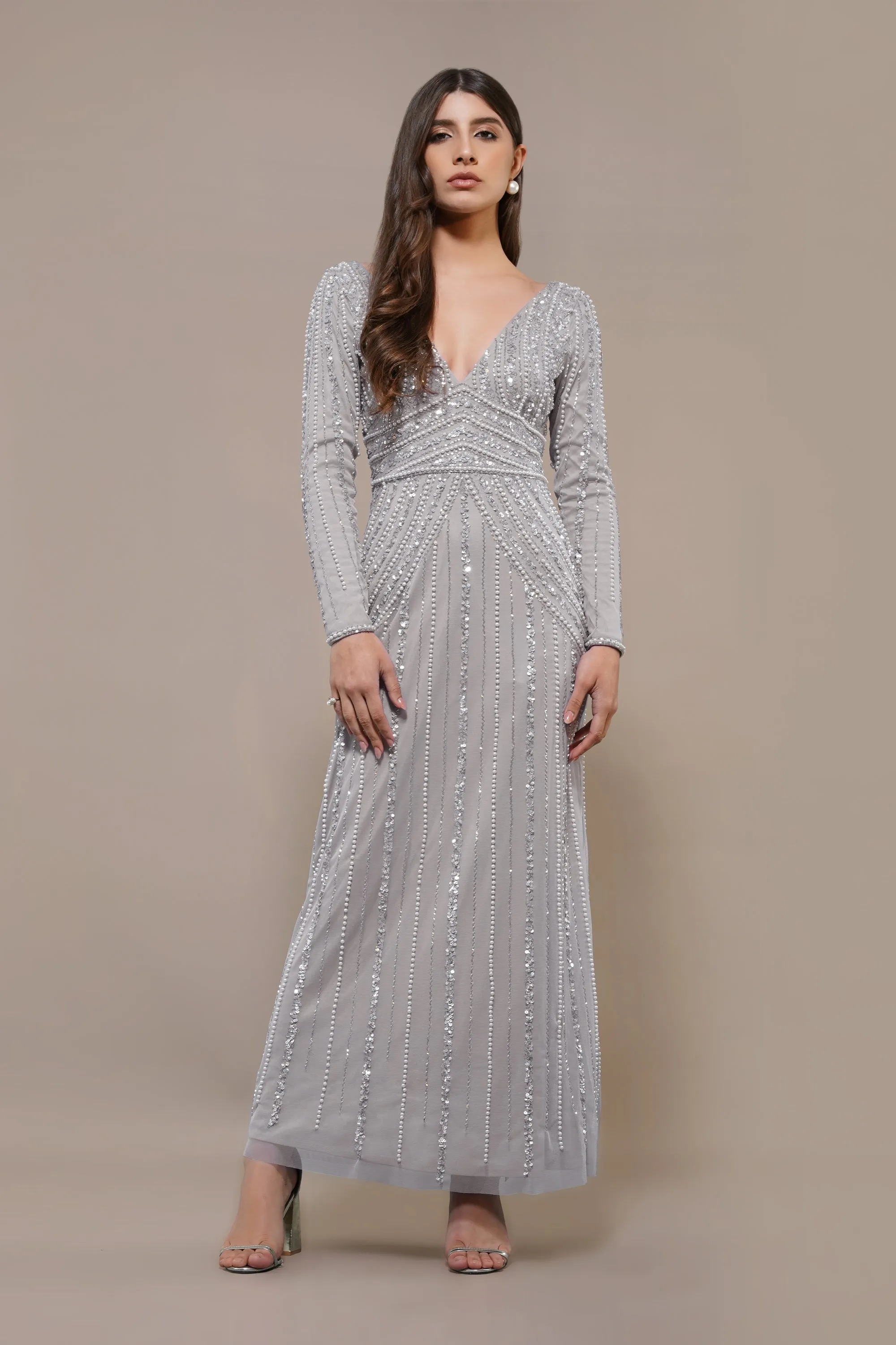 Cordelia Embellished Maxi Dress in Light Grey